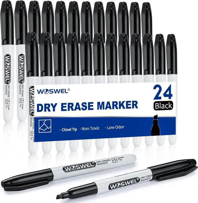 Main image of WOSWEL Dry Erase Markers,24 Pack Black Chisel Tip Whiteboard Markers, Chisel Point Low Odor Dry Erase Marker for School Office and Home