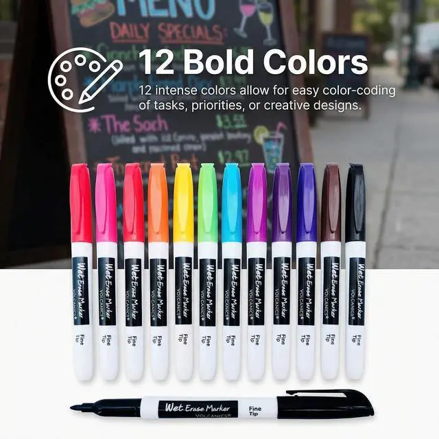 Alt view image 5 of 7 - Volcanics Wet Erase Markers, Fine Tip 1mm, 12 Colors, 12 Pack