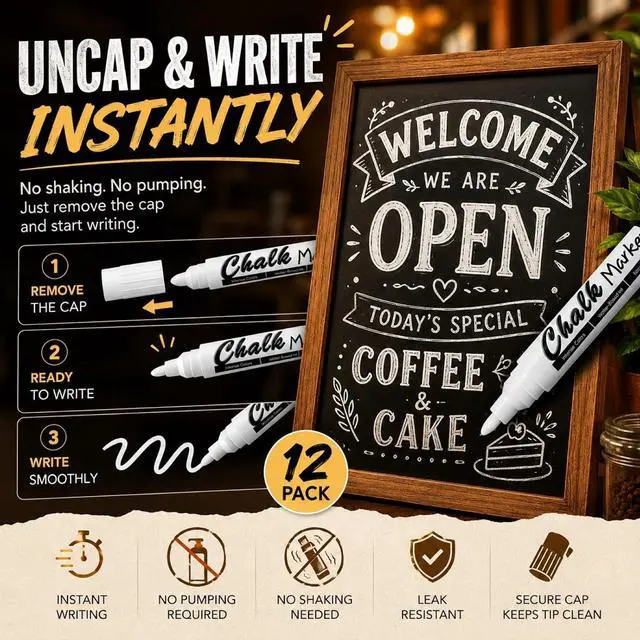 Alt view image 2 of 7 - Volcanics White Liquid Chalk Markers, Blackboard & Glass, 12 Pack
