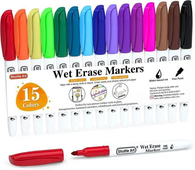 Main image of Shuttle Art Wet Erase Markers, 15 Colors 1mm Fine Tip Smudge-Free Markers, Use on Laminated Calendars,Overhead Projectors,Schedules,Whiteboards,Transparencies,Glass,Wipe with Water