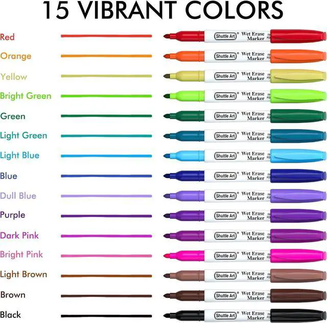 Alt view image 3 of 7 - Shuttle Art Wet Erase Markers, 15 Colors 1mm Fine Tip Smudge-Free Markers, Use on Laminated Calendars,Overhead Projectors,Schedules,Whiteboards,Transparencies,Glass,Wipe with Water