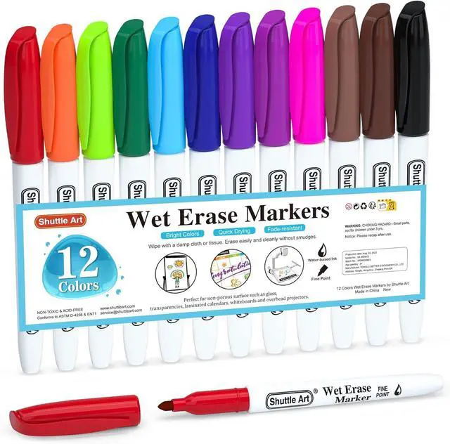 Main image of Shuttle Art Wet Erase Markers, 12 Colors 1mm Fine Tip Overhead Projectors Transparency Smudge-Free Markers, Works for Laminated Calendars Whiteboard Schedule Glass, Wipe with Water