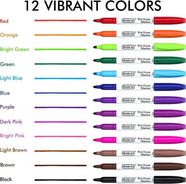 Alt view image 3 of 7 - Shuttle Art Wet Erase Markers, 12 Colors 1mm Fine Tip Overhead Projectors Transparency Smudge-Free Markers, Works for Laminated Calendars Whiteboard Schedule Glass, Wipe with Water