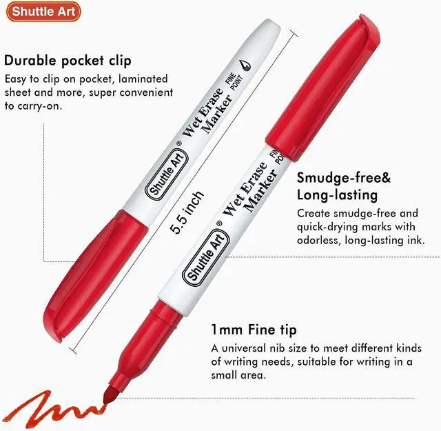 Alt view image 4 of 7 - Shuttle Art Wet Erase Markers, 15 Colors 1mm Fine Tip Smudge-Free Markers, Use on Laminated Calendars,Overhead Projectors,Schedules,Whiteboards,Transparencies,Glass,Wipe with Water