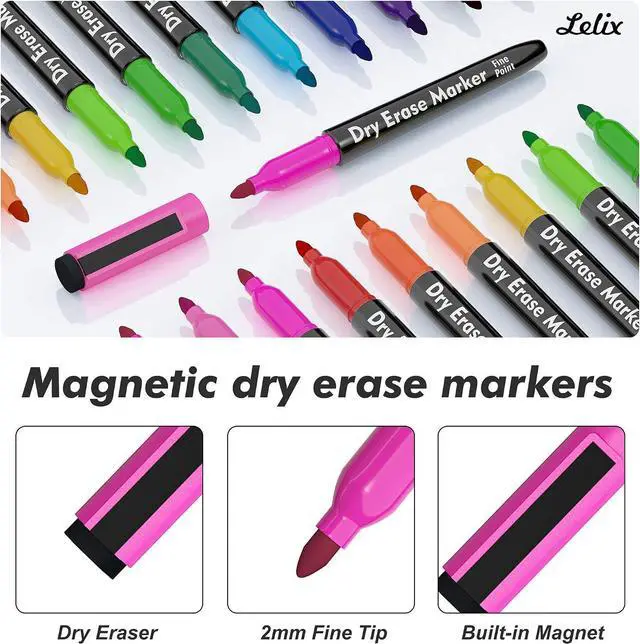 Alt view image 2 of 7 - Lelix 15 Colors Dry Erase Markers, Magnetic Whiteboard Markers Fine Point with Eraser for Back to School, Office, Home Perfect for Writing on White Board, Dry Erase Board, Mirror, Glass