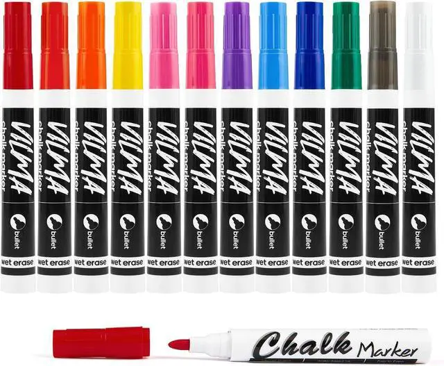Main image of VILMA Liquid Chalk Markers Window Marker for Cars Glass pens Wet Erase Marker Washable Blackboard Pen for Car Window, Mirrors,Signs,Crafts, 2MM Tip 12 Pack,12 Colors
