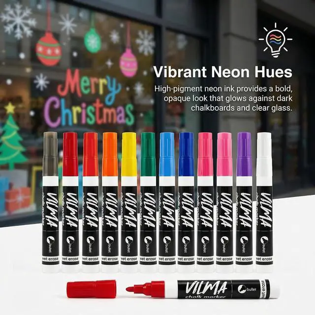 Alt view image 2 of 7 - VILMA Liquid Chalk Markers Window Marker for Cars Glass pens Wet Erase Marker Washable Blackboard Pen for Car Window, Mirrors,Signs,Crafts, 2MM Tip 12 Pack,12 Colors