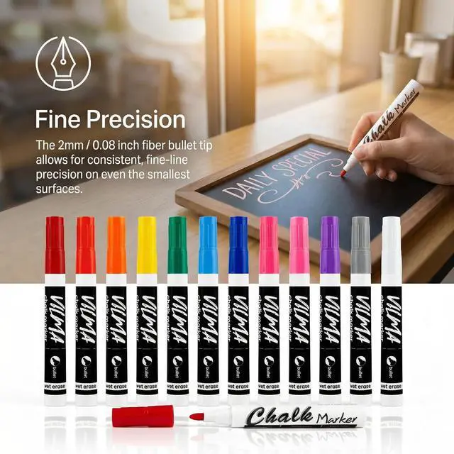 Alt view image 3 of 7 - VILMA Liquid Chalk Markers Window Marker for Cars Glass pens Wet Erase Marker Washable Blackboard Pen for Car Window, Mirrors,Signs,Crafts, 2MM Tip 12 Pack,12 Colors