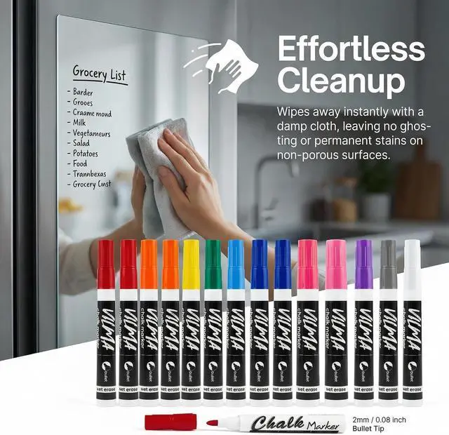 Alt view image 4 of 7 - VILMA Liquid Chalk Markers Window Marker for Cars Glass pens Wet Erase Marker Washable Blackboard Pen for Car Window, Mirrors,Signs,Crafts, 2MM Tip 12 Pack,12 Colors