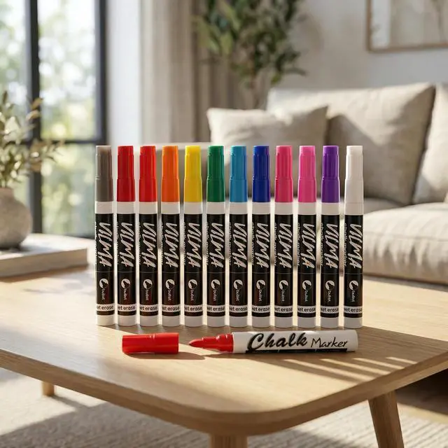 Alt view image 7 of 7 - VILMA Liquid Chalk Markers Window Marker for Cars Glass pens Wet Erase Marker Washable Blackboard Pen for Car Window, Mirrors,Signs,Crafts, 2MM Tip 12 Pack,12 Colors