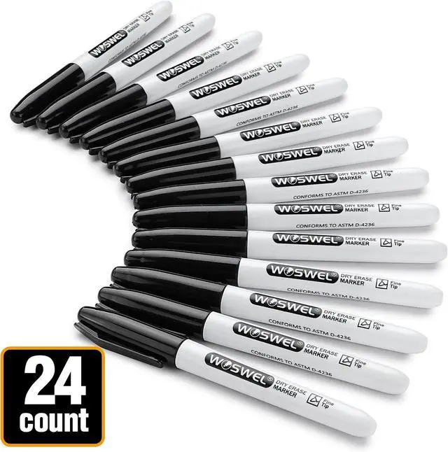 Alt view image 4 of 7 - WOSWEL Dry Erase Markers,24 Pack Black Fine Tip Whiteboard Markers, Round Point Low Odor Dry Erase Marker for School Office and Home