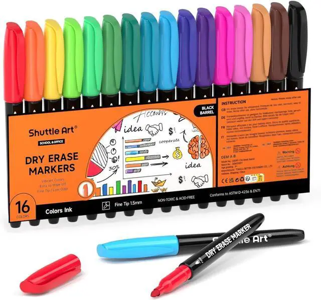Main image of Shuttle Art Dry Erase Markers, 16 Colors Whiteboard Markers,Fine Tip Dry Erase Markers for Kids,Perfect For Writing on Whiteboards, Dry-Erase Boards,Mirrors,Calender, School Office Supplies