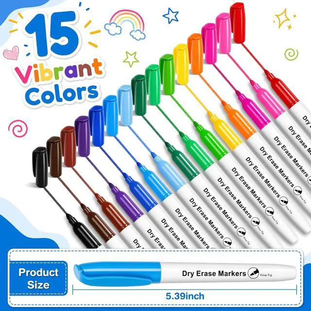 Alt view image 2 of 7 - V-Opitos 30 Pack Fine Tip Dry Erase Markers - Bulk Whiteboard Erasable Markers in 15 Colors, Ideal for School Classroom Office Supplies, Non-Toxic & Easy Clean for White board