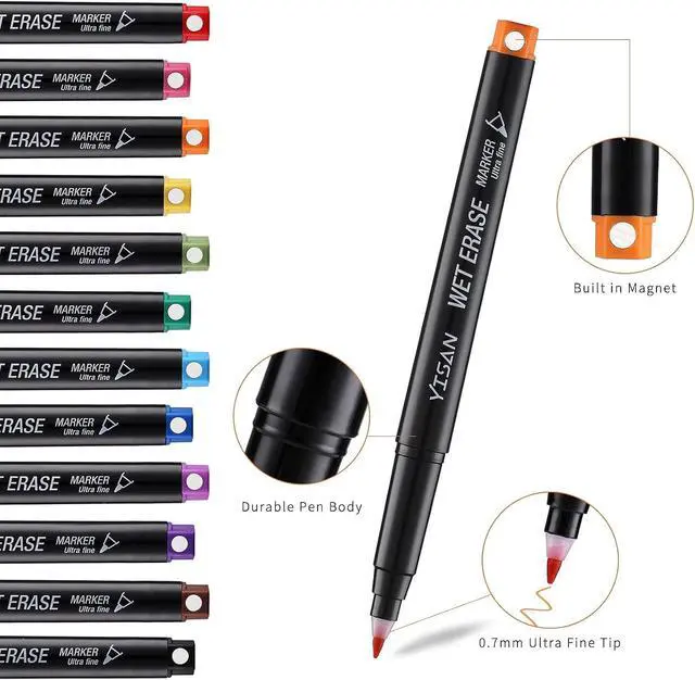 Alt view image 3 of 6 - YISAN Ultra Fine Tip Magnetic Wet Erase Markers, 0.7mm, 12 Colors