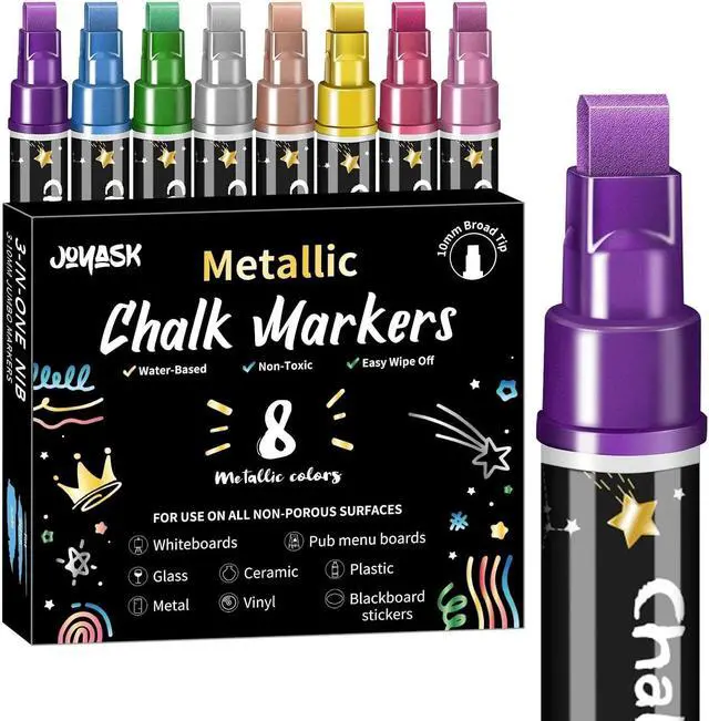 Main image of Liquid Chalk Markers for Blackboard, 8 Metallic Colors Washable Window Markers, 10mm 3-in-1 Jumbo Wide Tip, Dry Erase Marker Pens for Chalkboard, Car Window Paint Pens for Christmas Glass Decoration