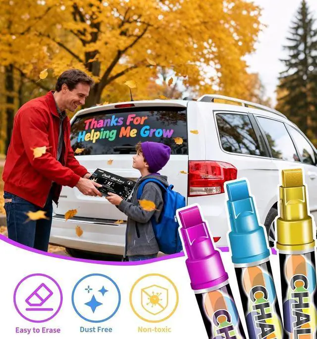 Alt view image 6 of 7 - Liquid Chalk Markers for Blackboard, 8 Metallic Colors Washable Window Markers, 10mm 3-in-1 Jumbo Wide Tip, Dry Erase Marker Pens for Chalkboard, Car Window Paint Pens for Christmas Glass Decoration