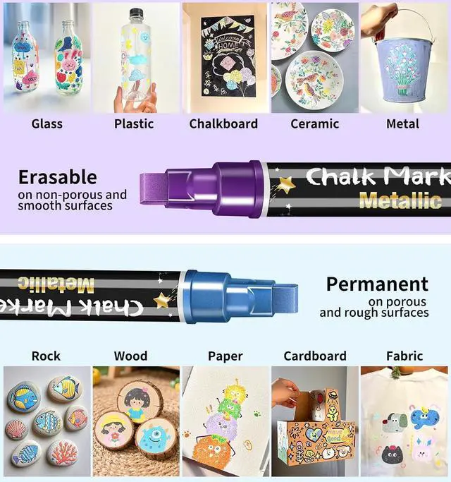 Alt view image 5 of 7 - Liquid Chalk Markers for Blackboard, 8 Metallic Colors Washable Window Markers, 10mm 3-in-1 Jumbo Wide Tip, Dry Erase Marker Pens for Chalkboard, Car Window Paint Pens for Christmas Glass Decoration