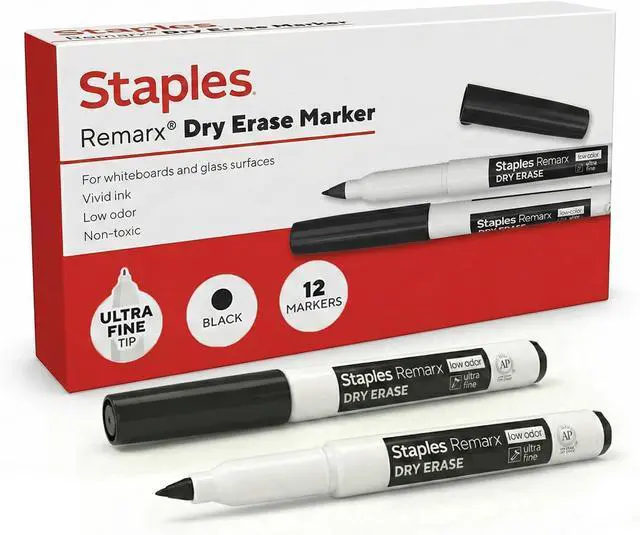 Main image of STAPLES Remarx Dry Erase Markers, Ultra Fine Tip, Black, 12-Pack