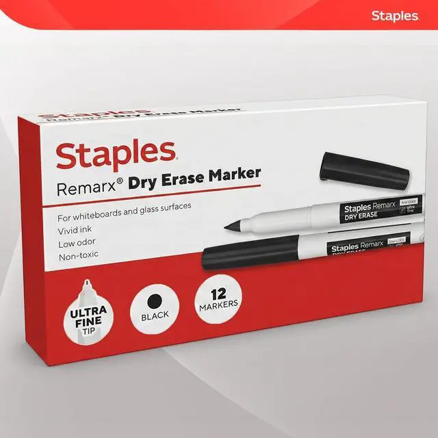 Alt view image 7 of 7 - STAPLES Remarx Dry Erase Markers, Ultra Fine Tip, Black, 12-Pack