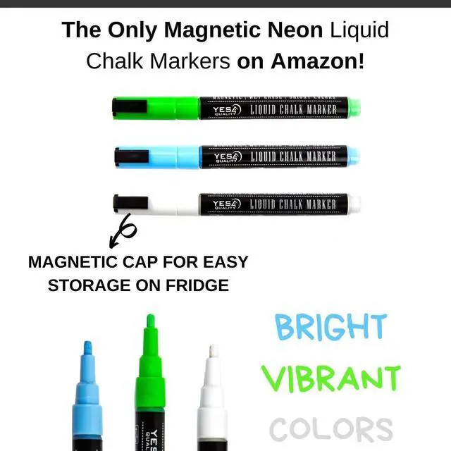 Alt view image 3 of 6 - YES4QUALITY Magnetic Liquid Chalk Markers - 3 Pack - Vibrant Neon Colors with 3 mm Fine Bullet Tip, Erasable Wet Erase Pens for Dry-Erase Blackboards