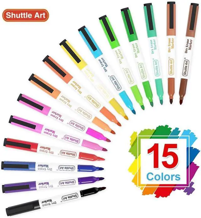 Alt view image 2 of 7 - Shuttle Art Dry Erase Markers, 15 Colors Magnetic Whiteboard Markers with Erase,Fine Point Perfect For Writing on Whiteboards, Dry-Erase Boards,Mirrors for School Office Home