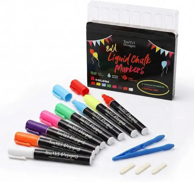 Main image of Liquid Chalk Markers, 8 Vibrant Colors, For Chalkboard, & Glass