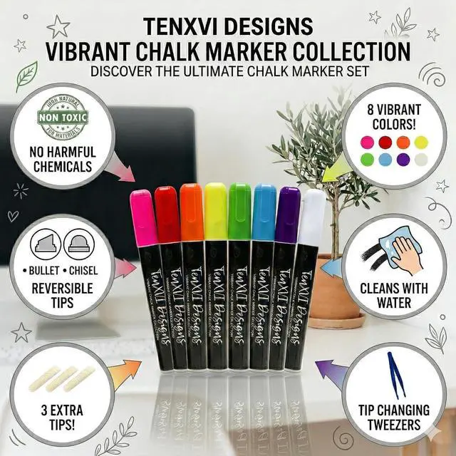 Alt view image 3 of 7 - Liquid Chalk Markers, 8 Vibrant Colors, For Chalkboard, & Glass