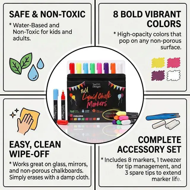 Alt view image 4 of 7 - Liquid Chalk Markers, 8 Vibrant Colors, For Chalkboard, & Glass