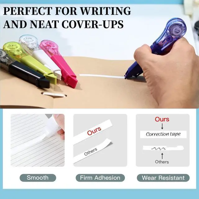Alt view image 3 of 7 - 19.69ft Correction Tape Pen, 5-Count Pack, Dry Instantly, Stretch Resistant, not Easy to Break, as Smooth as Writing, Perfect for School, Office Supplies, Black White Red Yellow Blue