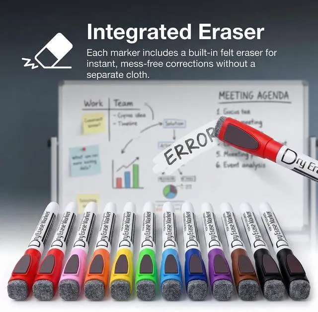 Alt view image 5 of 7 - Volcanics Magnetic Dry Erase Markers, 1mm Fine Tip, 10 Colors, 12 Pack