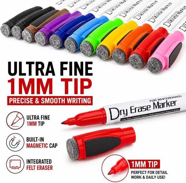 Alt view image 6 of 7 - Volcanics Magnetic Dry Erase Markers, 1mm Fine Tip, 10 Colors, 12 Pack