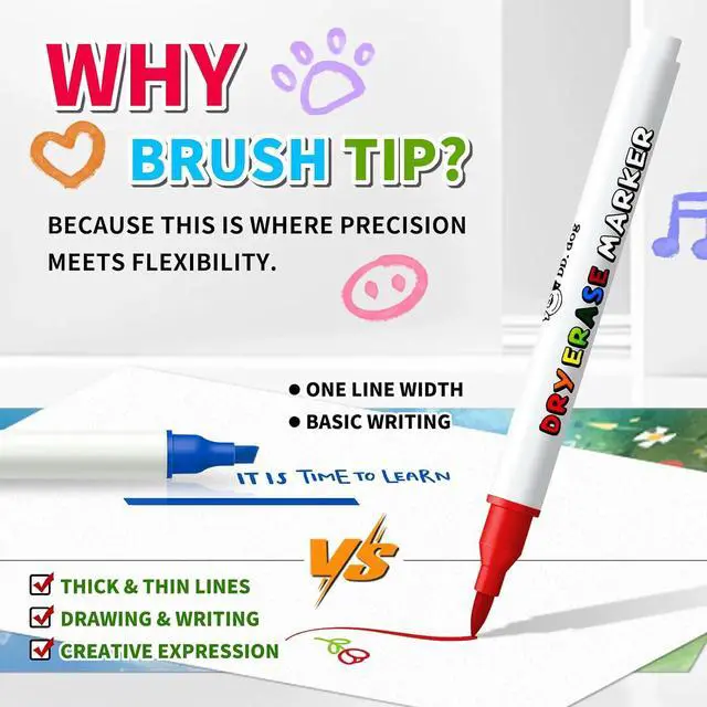 Alt view image 2 of 6 - Brush Tip Dry Erase Markers for Kids, 12 Colors Whiteboard Markers