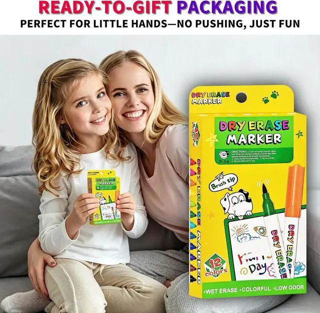 Alt view image 6 of 6 - Brush Tip Dry Erase Markers for Kids, 12 Colors Whiteboard Markers