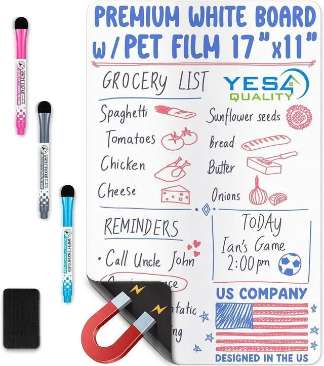 Main image of 17x11 Magnetic Dry Erase White Board for Fridge w/ 3 Markers & Eraser