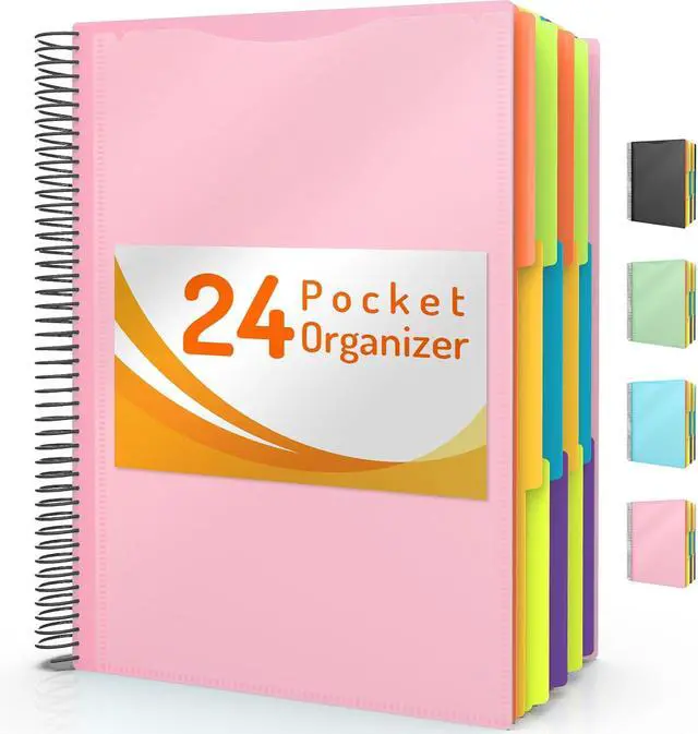 Main image of Forvencer 24 Pocket Project Organizer, 1/3-cut Tab Binder Organizer with Sticky Labels, Multi Pocket Folder with Zipper Pouch, Folder Binder Spiral Pocket Notebook, Office Supplies, Letter Size, Pink
