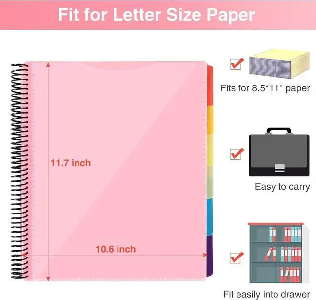 Alt view image 2 of 6 - Forvencer 24 Pocket Project Organizer, 1/3-cut Tab Binder Organizer with Sticky Labels, Multi Pocket Folder with Zipper Pouch, Folder Binder Spiral Pocket Notebook, Office Supplies, Letter Size, Pink