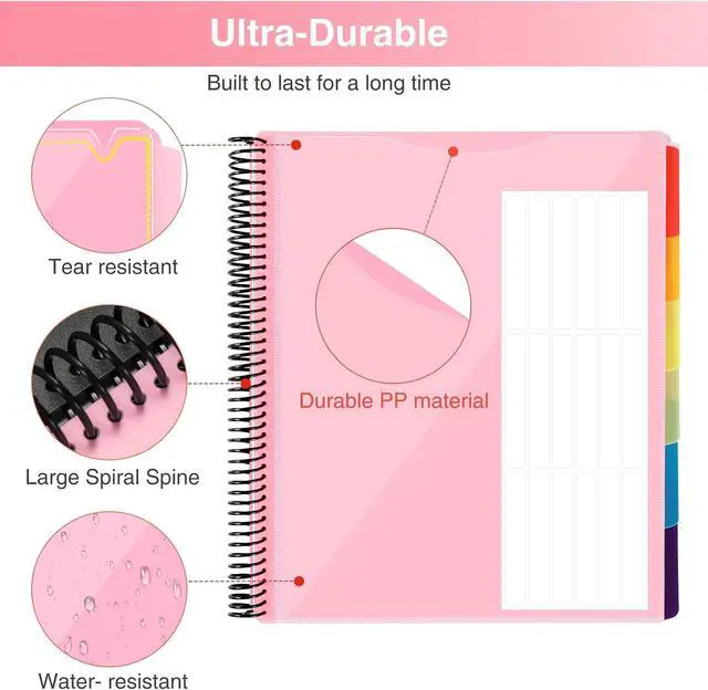 Alt view image 4 of 6 - Forvencer 24 Pocket Project Organizer, 1/3-cut Tab Binder Organizer with Sticky Labels, Multi Pocket Folder with Zipper Pouch, Folder Binder Spiral Pocket Notebook, Office Supplies, Letter Size, Pink