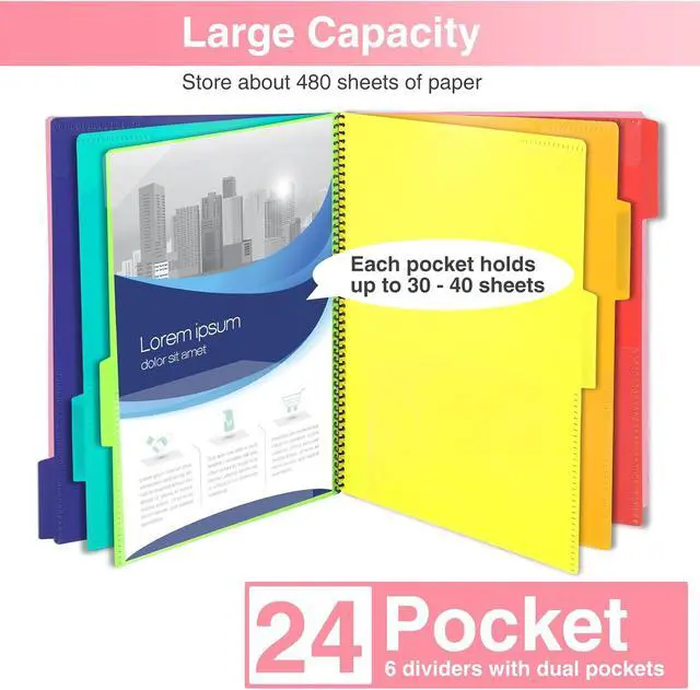 Alt view image 5 of 6 - Forvencer 24 Pocket Project Organizer, 1/3-cut Tab Binder Organizer with Sticky Labels, Multi Pocket Folder with Zipper Pouch, Folder Binder Spiral Pocket Notebook, Office Supplies, Letter Size, Pink