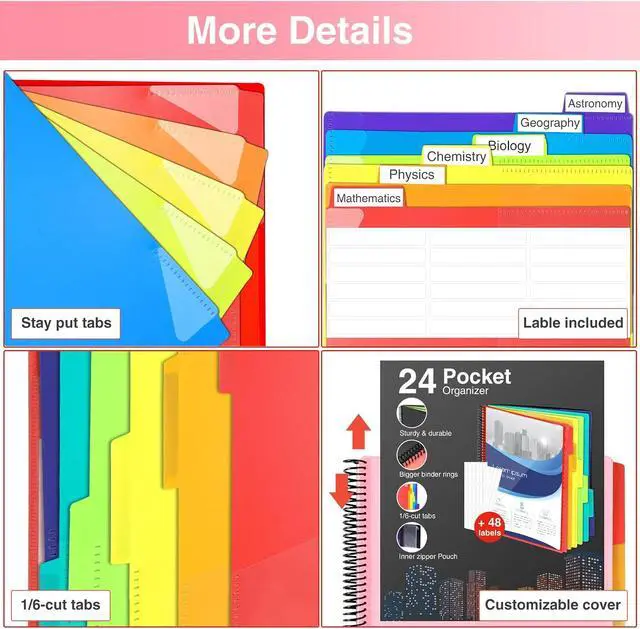 Alt view image 6 of 6 - Forvencer 24 Pocket Project Organizer, 1/3-cut Tab Binder Organizer with Sticky Labels, Multi Pocket Folder with Zipper Pouch, Folder Binder Spiral Pocket Notebook, Office Supplies, Letter Size, Pink