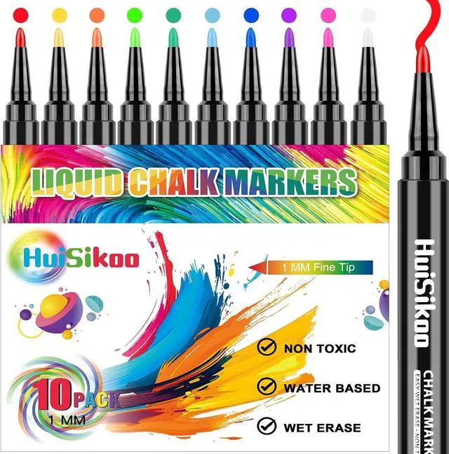 Main image of Liquid Chalk Markers for Acrylic Calendar Planning Board - Fine Tip Wet Erase Markers for Dry Erase Board, Whiteboard, Glass, Mirror - 1mm Fine Point, Easy to Erase, Quick Drying (10 Color)