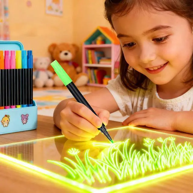 Alt view image 2 of 7 - 12-Color Neon Markers for LED Note Board, Acrylic Planning Board & Fridge Calendar | Wet Dry Erase Fine Tip Pens for Light Up Drawing | Erasable Markers