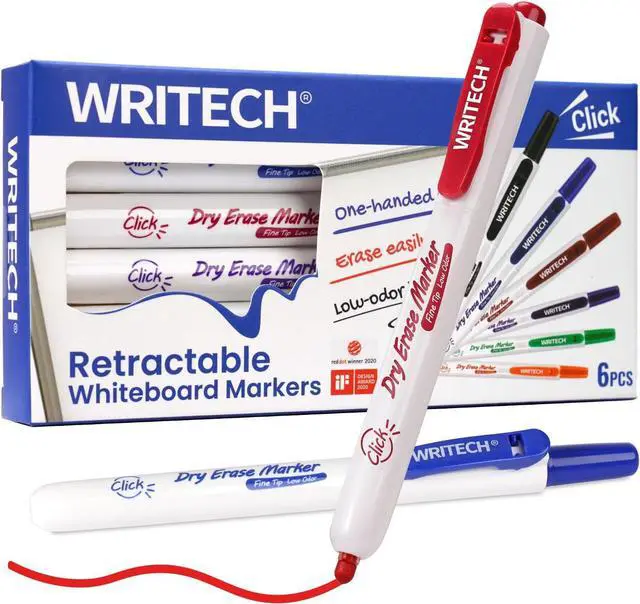 Main image of WRITECH Retractable Dry Erase Markers: Fine Point Clickable Colored Ink Marker Low Odor Erasable Thin Tip Refillable Multicolor Whiteboard Marker Pen Set 6ct No Smear Bleed