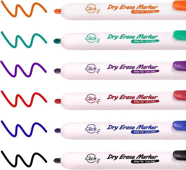 Alt view image 2 of 5 - WRITECH Retractable Dry Erase Markers: Fine Point Clickable Colored Ink Marker Low Odor Erasable Thin Tip Refillable Multicolor Whiteboard Marker Pen Set 6ct No Smear Bleed