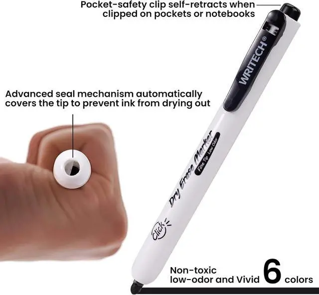 Alt view image 3 of 5 - WRITECH Retractable Dry Erase Markers: Fine Point Clickable Colored Ink Marker Low Odor Erasable Thin Tip Refillable Multicolor Whiteboard Marker Pen Set 6ct No Smear Bleed