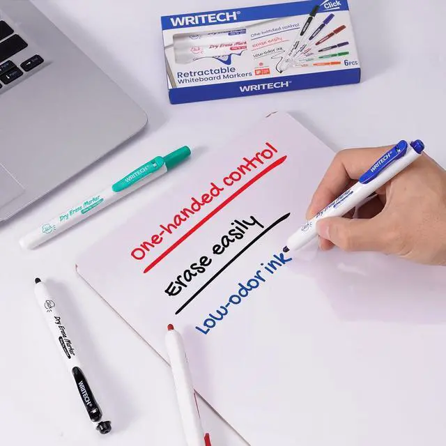 Alt view image 4 of 5 - WRITECH Retractable Dry Erase Markers: Fine Point Clickable Colored Ink Marker Low Odor Erasable Thin Tip Refillable Multicolor Whiteboard Marker Pen Set 6ct No Smear Bleed