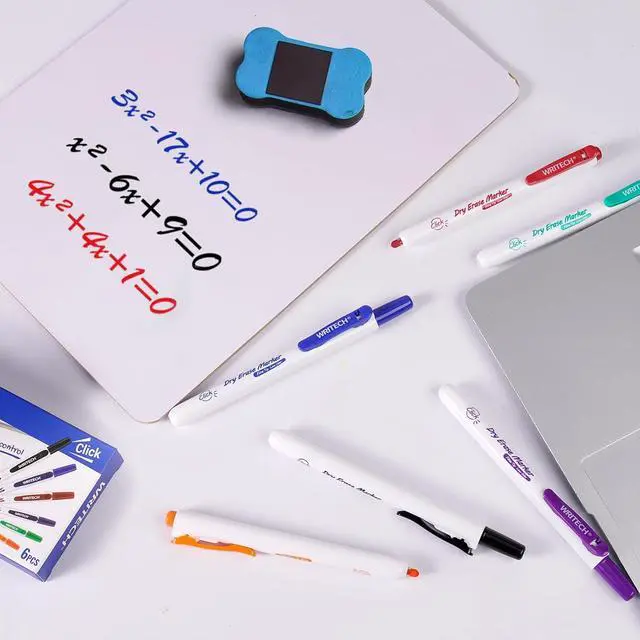 Alt view image 5 of 5 - WRITECH Retractable Dry Erase Markers: Fine Point Clickable Colored Ink Marker Low Odor Erasable Thin Tip Refillable Multicolor Whiteboard Marker Pen Set 6ct No Smear Bleed