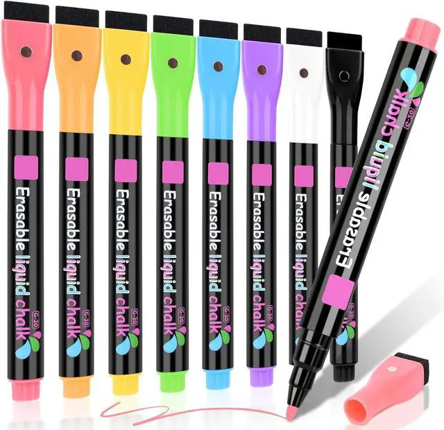 Main image of Magnetic Wet Erase Markers, Liquid Chalk Markers Fine Tip Whiteboard Marker for Acrylic Calendar, Mirrors, Clear Glass, Planning Board Wet Wipe Pens, 8 Pack