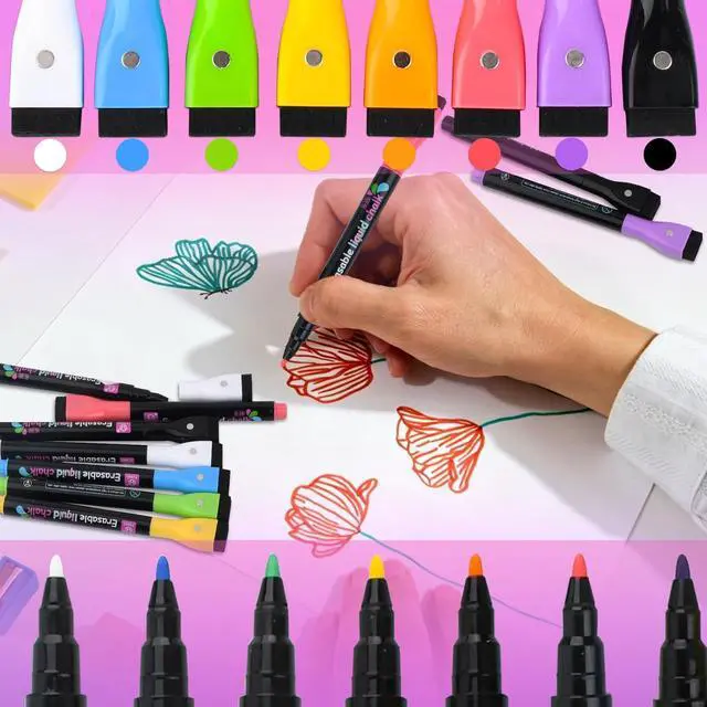 Alt view image 3 of 5 - Magnetic Wet Erase Markers, Liquid Chalk Markers Fine Tip Whiteboard Marker for Acrylic Calendar, Mirrors, Clear Glass, Planning Board Wet Wipe Pens, 8 Pack