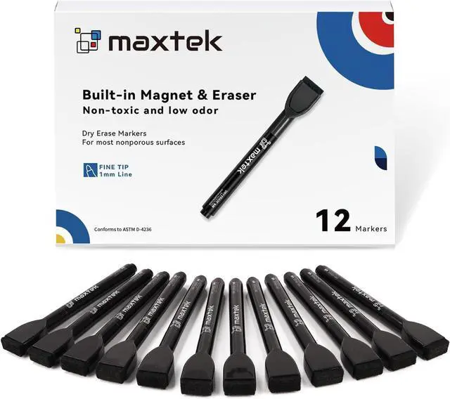 Main image of maxtek Magnetic Black Dry Erase Markers with Eraser, Fine Tip, 12 Count
