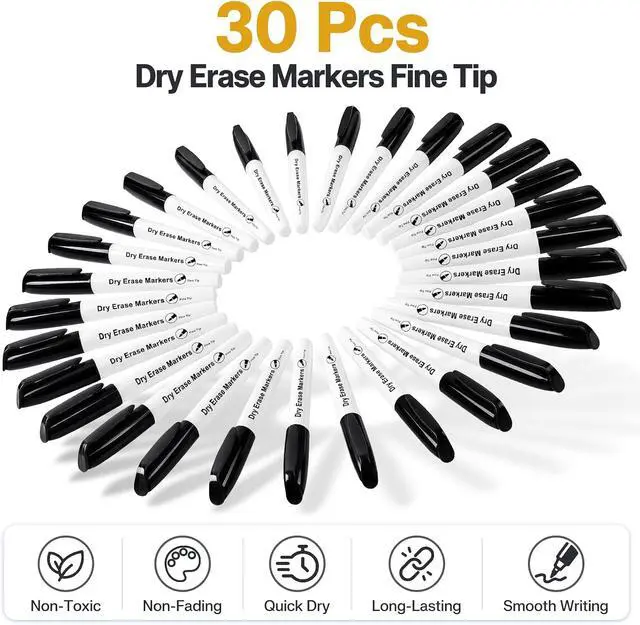 Alt view image 2 of 7 - V-Opitos 30 Pack Fine Tip Dry Erase Markers - Bulk Whiteboard Erasable Black Markers, Ideal for School Classroom Office Supplies, Non-Toxic & Easy Clean for White board